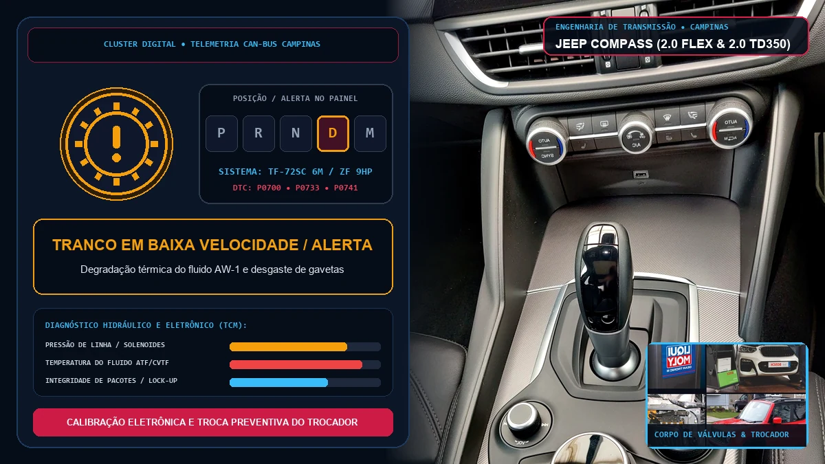 Console e alavanca de câmbio do Jeep Compass em diagnóstico de tranco em baixa velocidade e trocador de calor em Campinas
