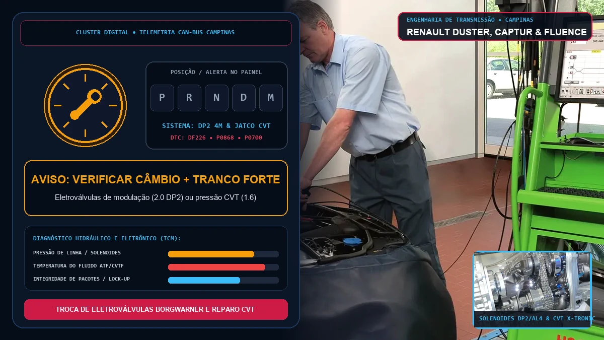 Painel Renault Duster, Captur e Fluence com aviso Verificar Caixa de Câmbio em Campinas