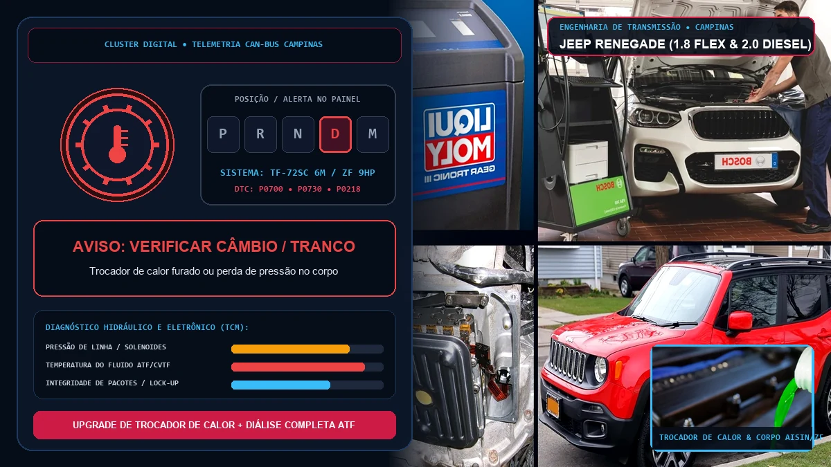 Painel do Jeep Renegade exibindo aviso Verificar Câmbio e diagnóstico de trancos em oficina especializada em Campinas