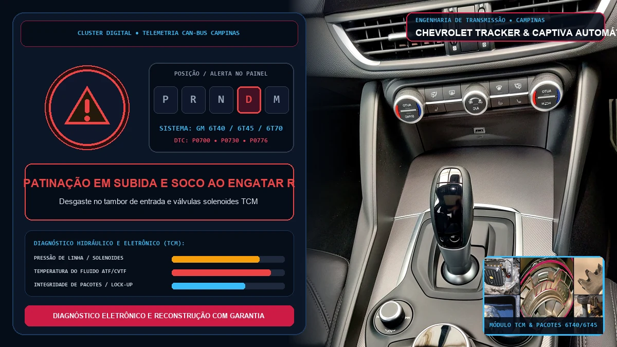 Transmissão automática GM 6T40 e 6T70 da Chevrolet Tracker e Captiva em diagnóstico de trancos em subida e patinação em Campinas