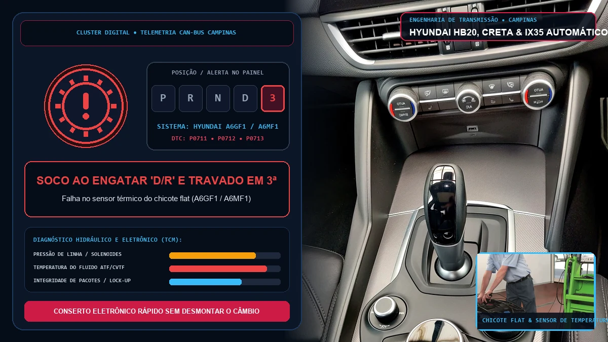 Console e painel do Hyundai HB20, Creta e ix35 com falha no indicador de marcha e soco ao engatar D ou R em oficina de Campinas