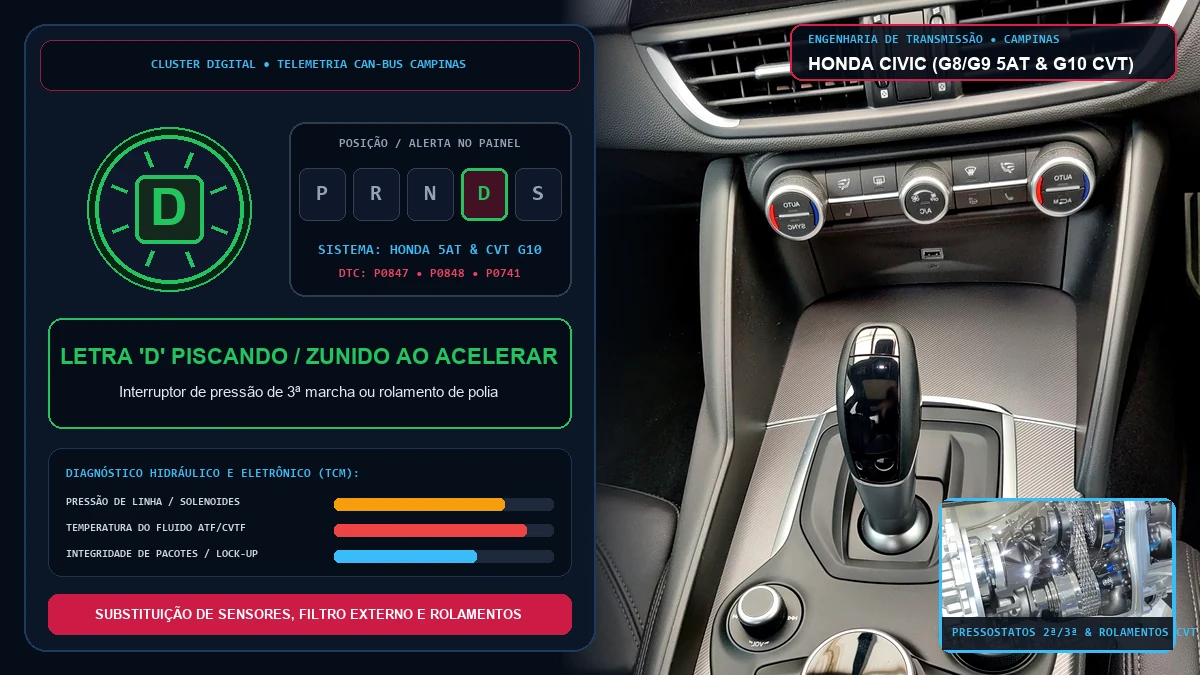 Console e transmissão CVT Earth Dreams e automática do Honda Civic em diagnóstico de zunido e atraso no engate em Campinas