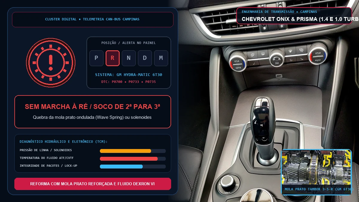 Console do câmbio automático GM 6T30 do Chevrolet Onix e Prisma em diagnóstico de trancos e falha na marcha à ré em Campinas