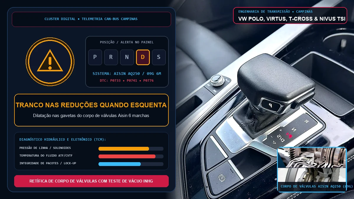 Console e seletor de câmbio automático do VW Polo, Virtus, T-Cross e Nivus em diagnóstico Aisin AQ250 em Campinas