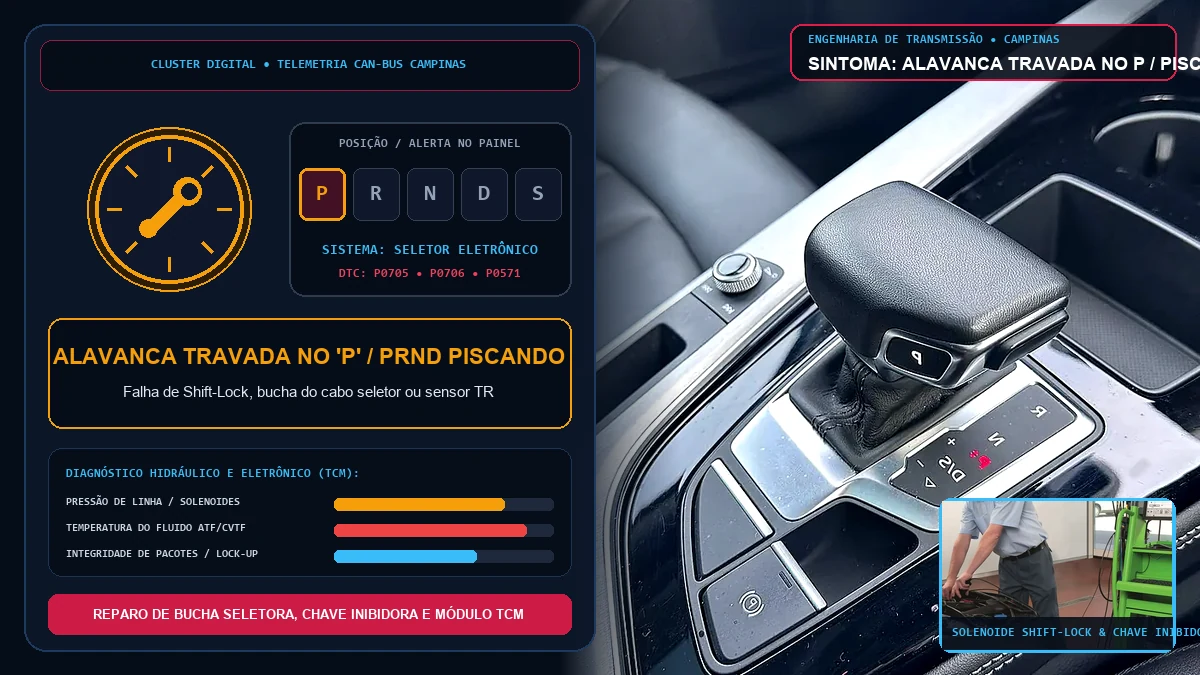 Alavanca de câmbio automático travada na posição P com botão Shift Lock e painel com letras das marchas piscando em Campinas