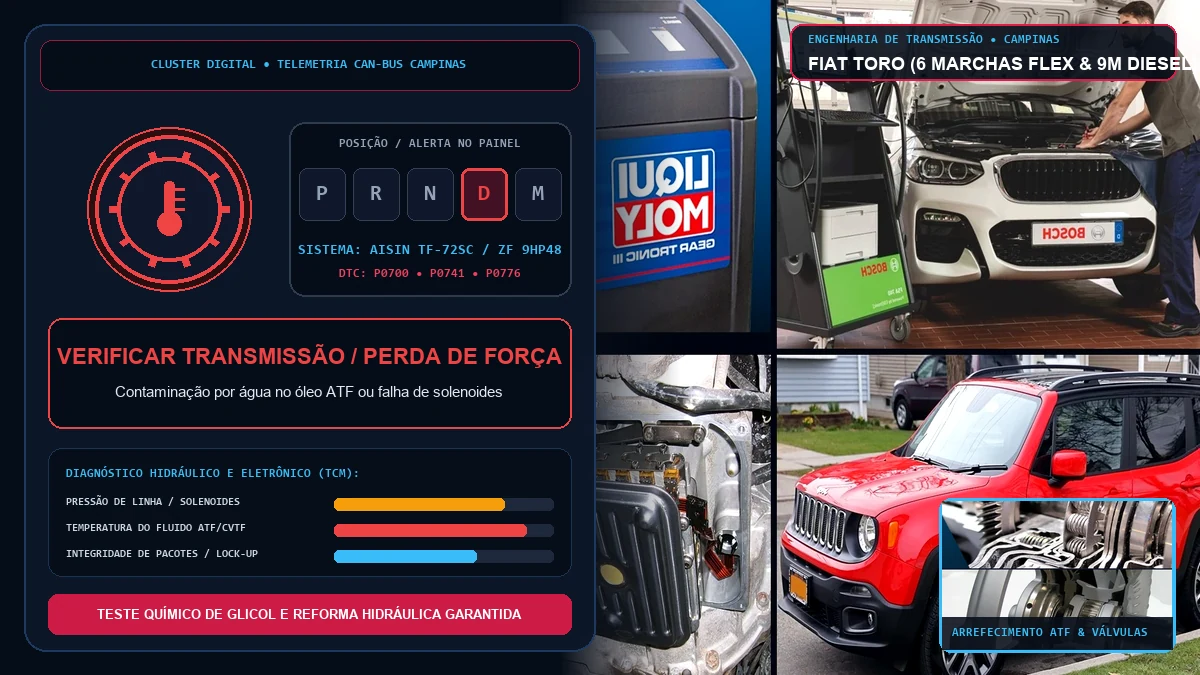 Painel e console do câmbio automático da Fiat Toro em diagnóstico de tranco e trocador de calor em Campinas