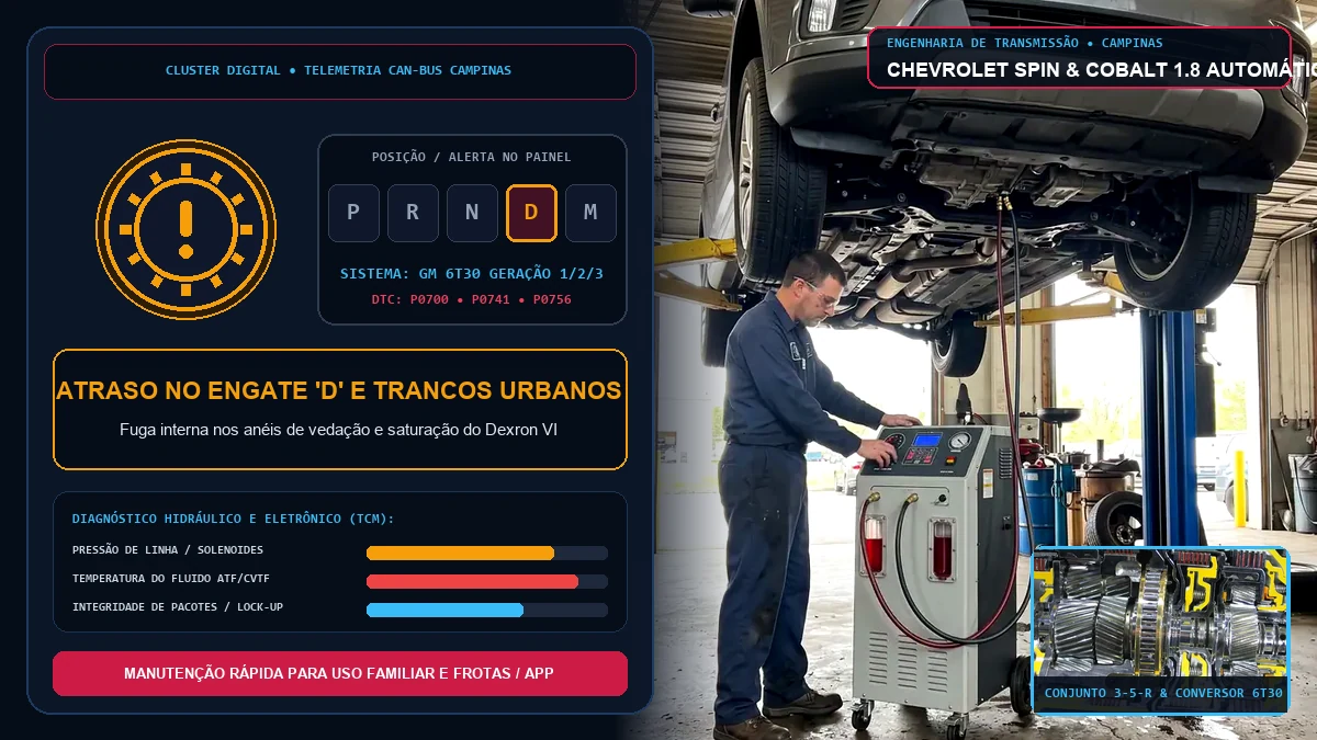 Painel e alavanca do câmbio automático GM 6T30 da Chevrolet Spin e Cobalt em diagnóstico de trancos e atraso de engate em Campinas