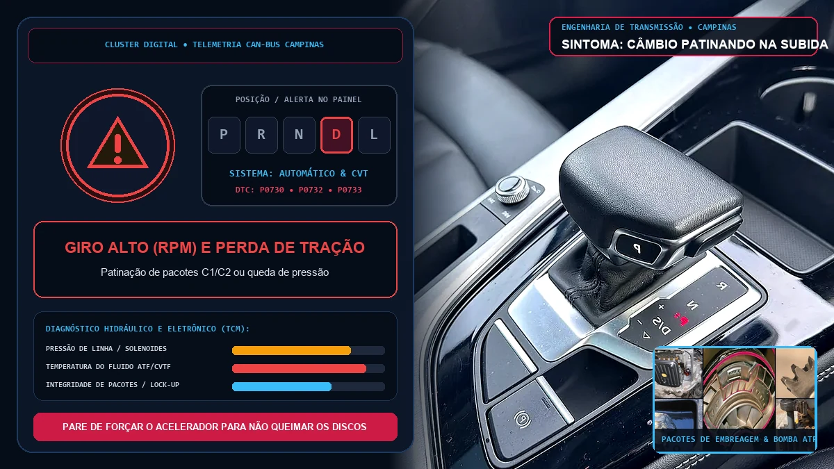 Painel de carro automático com conta-giros alto em 4500 RPM mas velocidade baixa indicando câmbio patinando em Campinas