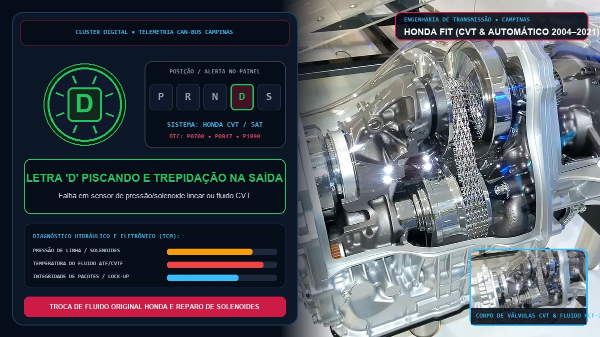 Painel do Honda Fit com letra D piscando e transmissão CVT aberta em diagnóstico de trepidação na saída em Campinas