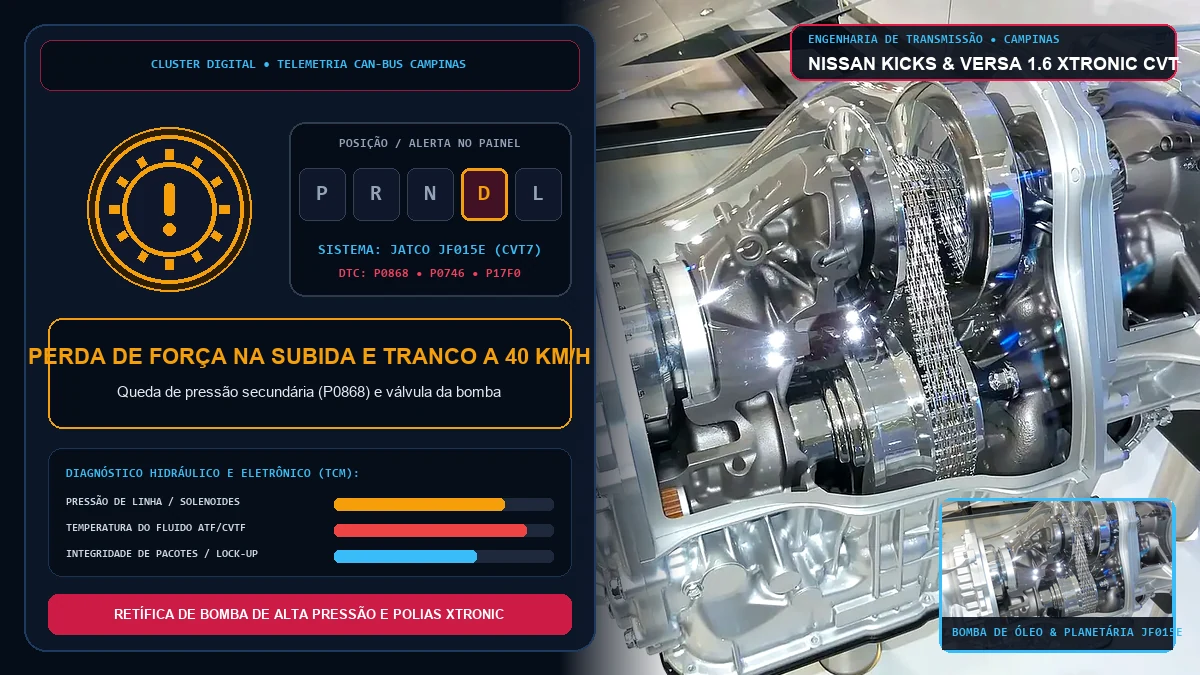 Painel e console do Nissan Kicks e Versa CVT em diagnóstico de assobio e perda de força em Campinas