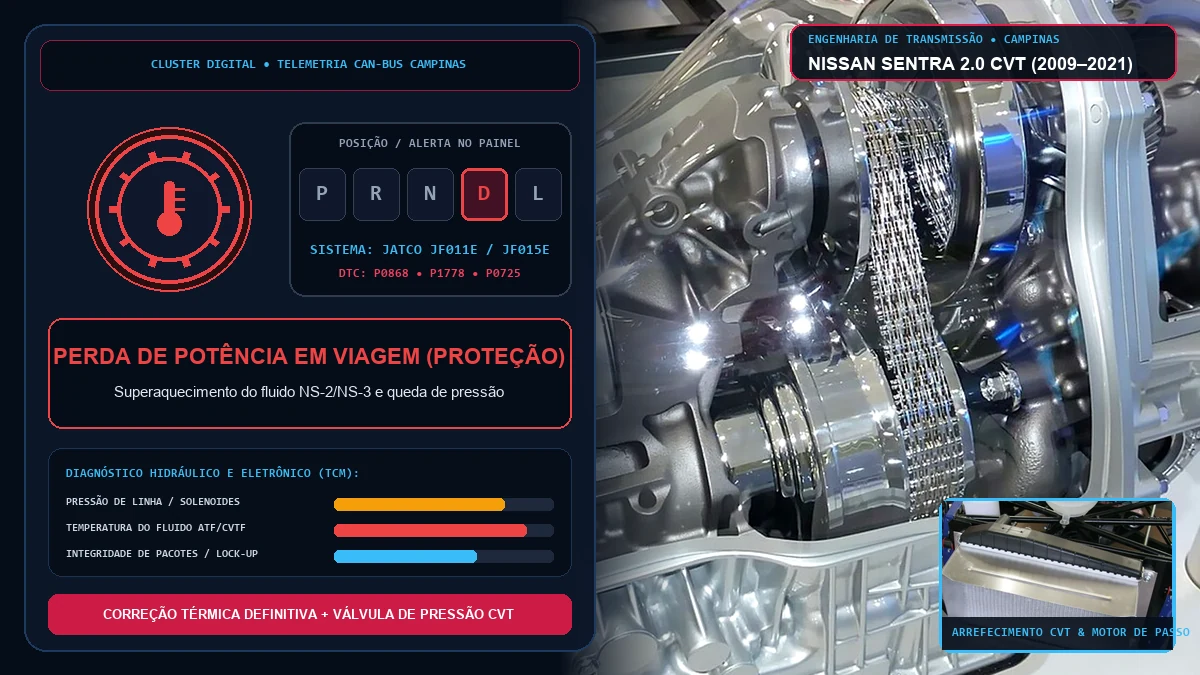 Painel do Nissan Sentra CVT em modo de segurança e diagnóstico térmico Jatco em Campinas