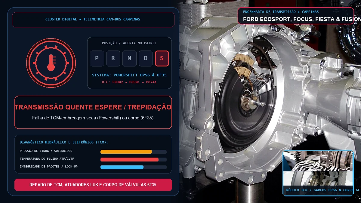 Painel do Ford Focus, EcoSport, New Fiesta e Fusion com alerta de transmissão sobreaquecida e avaria no câmbio Powershift e 6F35 em Campinas