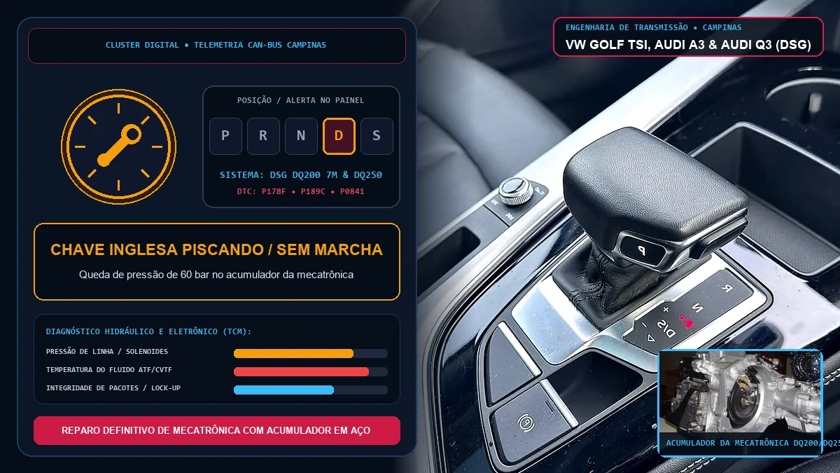 Painel do VW Golf TSI e Audi A3 com indicador de marcha piscando e alerta de avaria na transmissão DSG S-Tronic em oficina de Campinas
